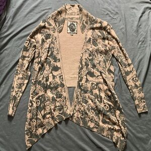 Guess Jeans Y2K Graphic Cardigan High Low Brown Black Size XS All Over Print 90s